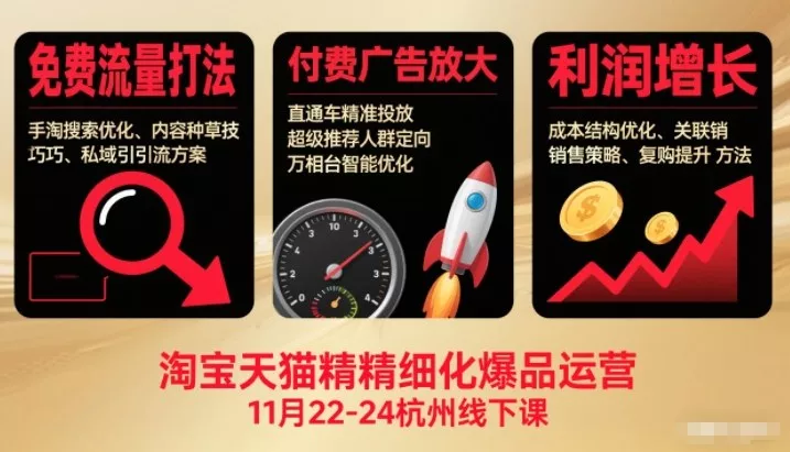 淘宝天猫精细化爆品运营11月22-24杭州线下课，免费流量打法+付费广告放大+利润增长(音频+文档) - 轻创社