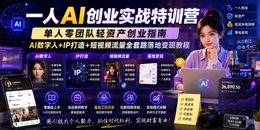 一人AI创业实战特训营,单人零团队轻资产创业指南,AI数字人+IP打造+短视频流量全套路落地变现教程 一人AI创业实战特训营,单人零团队轻资产创业指南,AI数字人+IP打造+短视频流量全套路落地变现教程