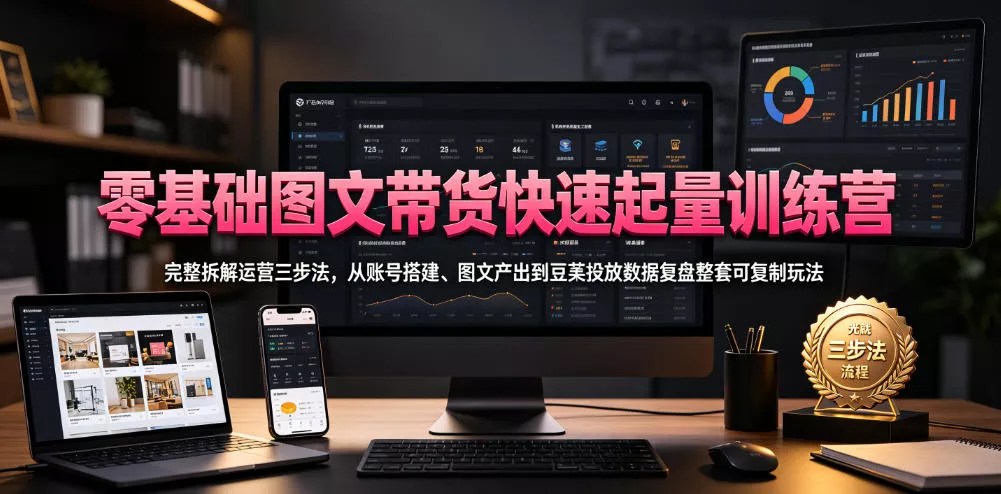 零基础图文带货快速起量训练营，完整拆解运营三步法，从账号搭建、图文产出到豆荚投放数据复盘整套可复制玩法 - 轻创社
