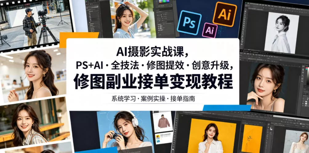 AI摄影实战课，PS+AI・全技法・修图提效・创意升级，修图副业接单变现教程 - 轻创社