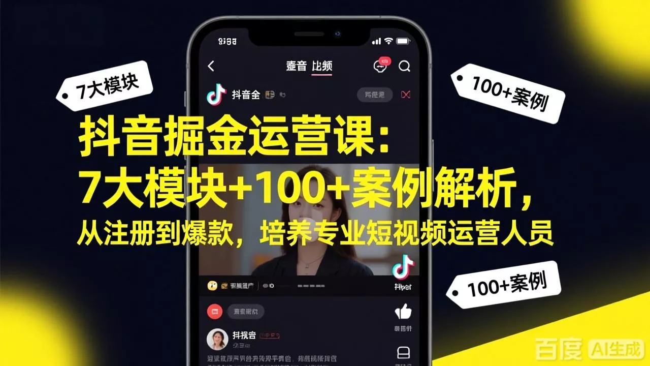 抖音掘金运营课：7大模块+100+案例解析，从注册到爆款，培养专业短视频运营人员 - 轻创社