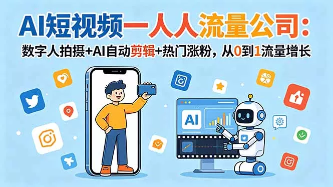 AI短视频一人流量公司：数字人拍摄+AI自动剪辑+热门涨粉，从0到1流量增长 - 轻创社