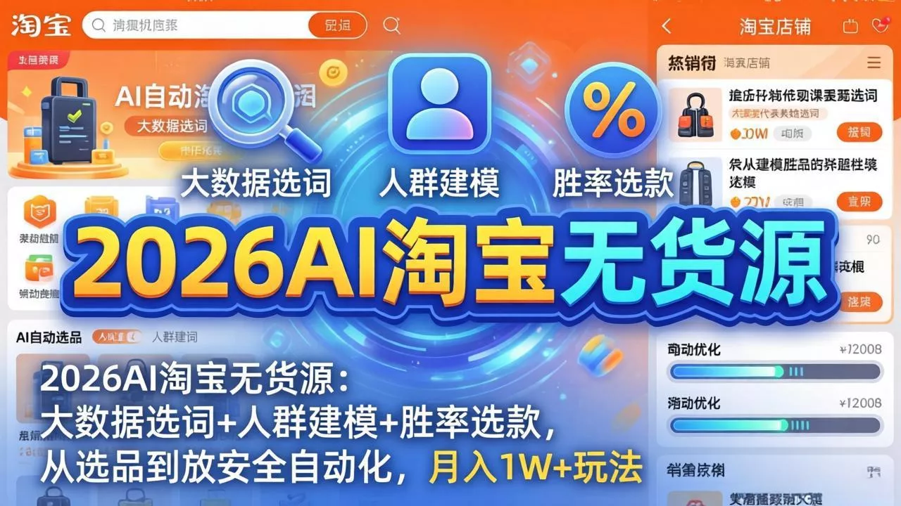 2026AI淘宝无货源：大数据选词+人群建模+胜率选款，从选品到放大全自动化，月入1W+玩法 - 轻创社
