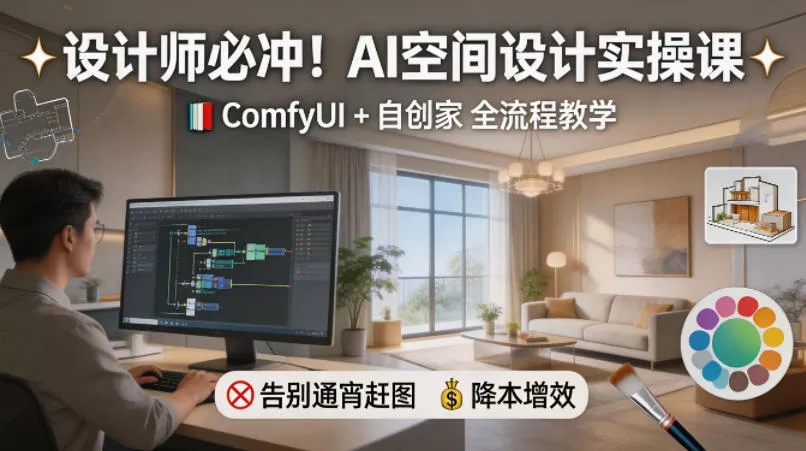 设计师必冲！AI空间设计实操课，ComfyUI+自创家全教学，告别通宵赶图，降本增效 - 轻创社