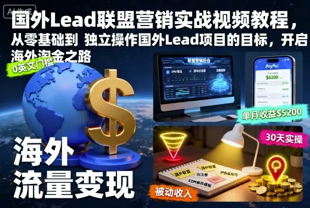 国外Lead联盟营销实战视频教程，从零基础到独立操作国外Lead项目的目标，开启海外淘金之路 - 轻创社