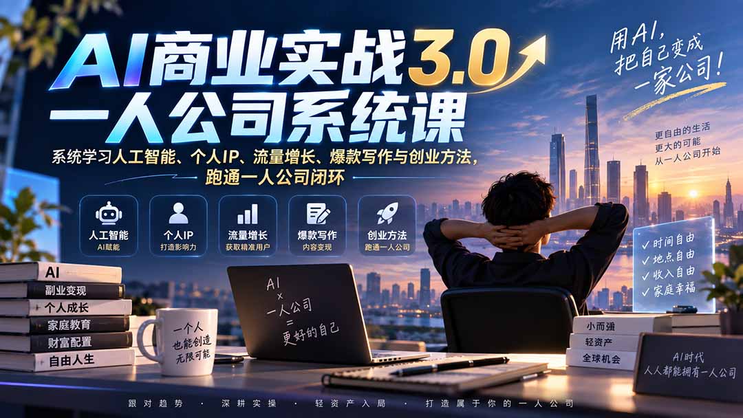 AI商业实战3.0一人公司系统课：系统学习人工智能、个人IP、流量增长、爆款写作与创业方法，跑通一人公司闭环 - 轻创社