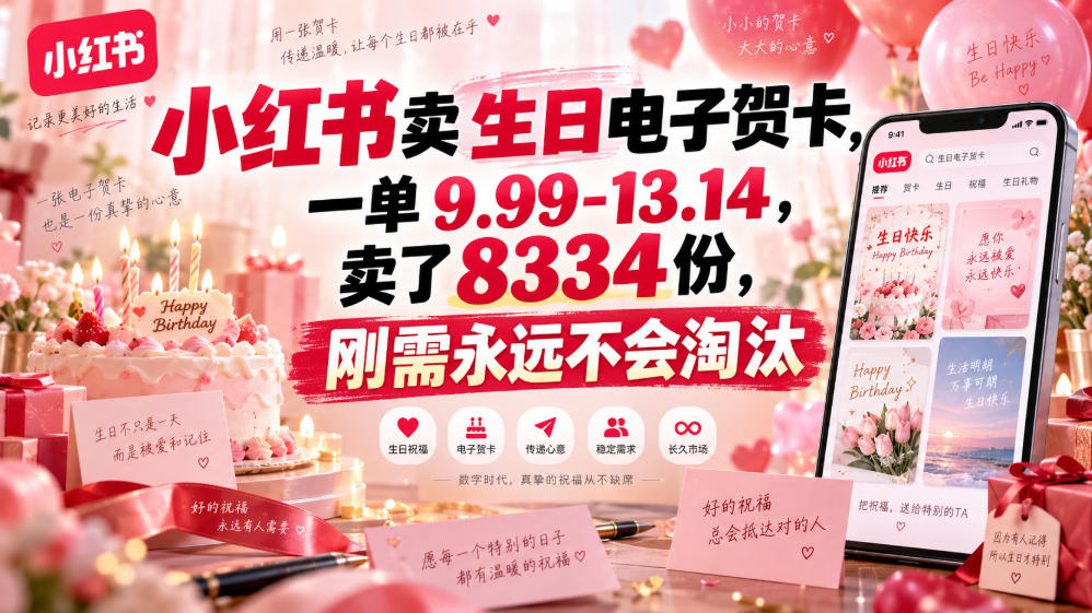 小红书卖生日电子贺卡，一单9.99-13.14，卖了8334份，刚需永远不会淘汰 - 轻创社