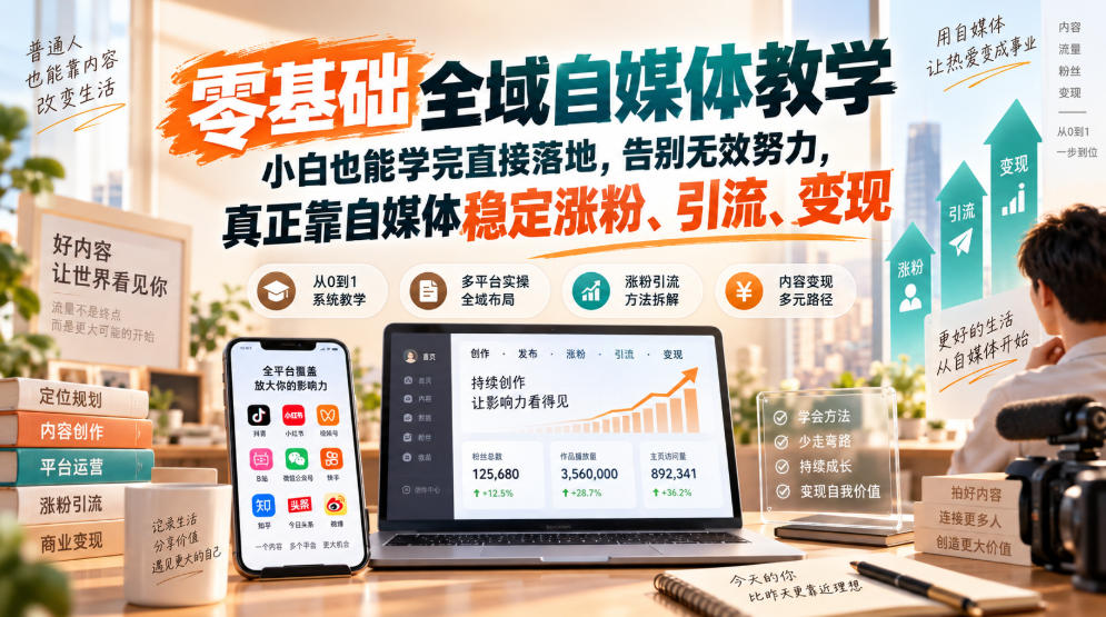 零基础全域自媒体教学，小白也能学完直接落地，告别无效努力，真正靠自媒体稳定涨粉、引流、变现 - 轻创社