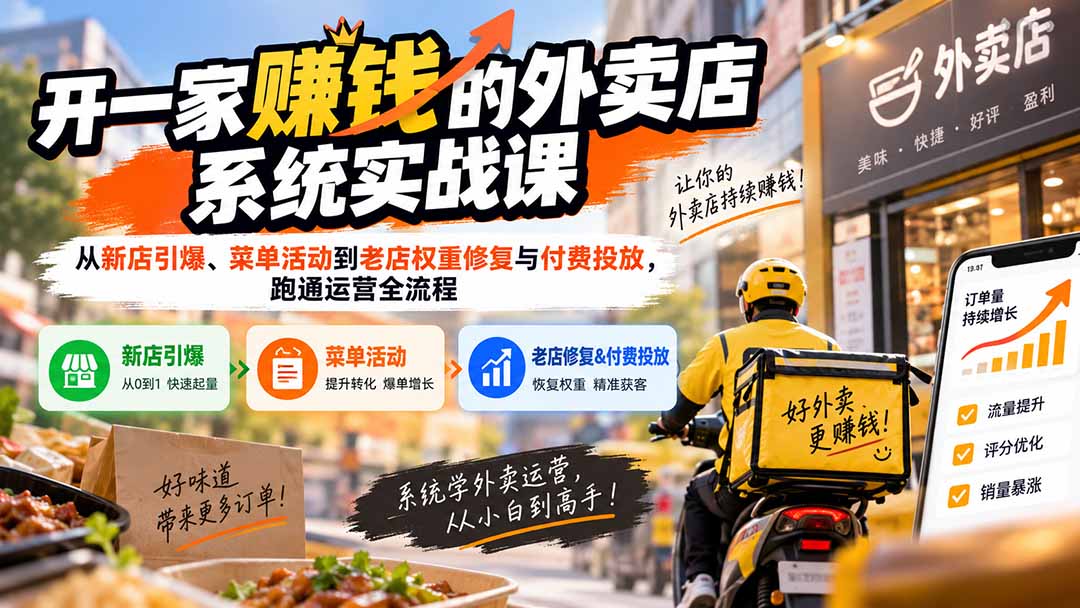 开一家赚钱的外卖店系统实战课：从新店引爆、菜单活动到老店权重修复与付费投放，跑通运营全流程 - 轻创社