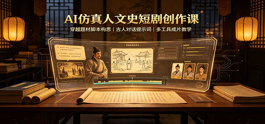 AI仿真人文史短剧创作课：穿越题材脚本构思，古人对话提示词，多工具成片教学 - 轻创社