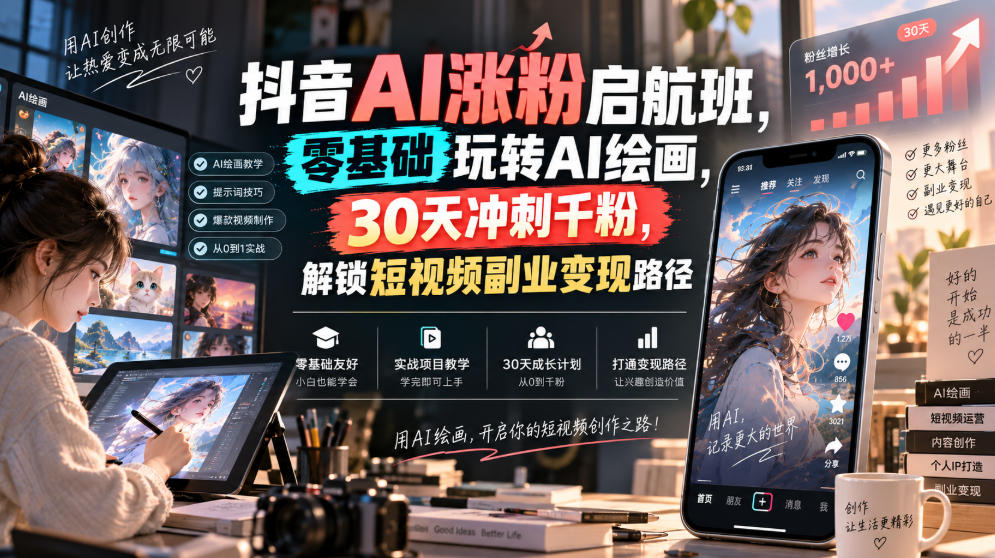 抖音AI涨粉启航班，零基础玩转AI绘画，30天冲刺千粉，解锁短视频副业变现路径 - 轻创社