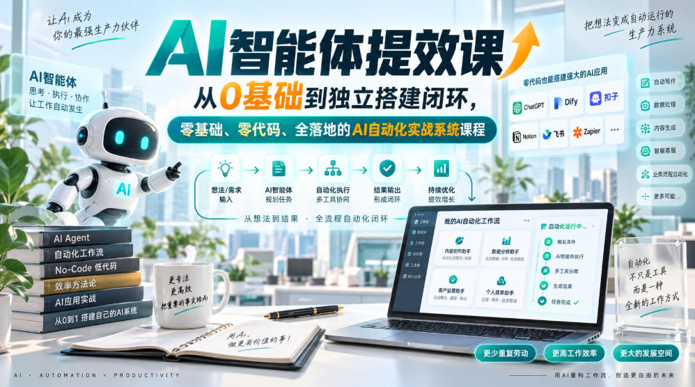 AI智能体提效课，从0基础到独立搭建闭环，零基础、零代码、全落地的AI自动化实战系统课程 - 轻创社