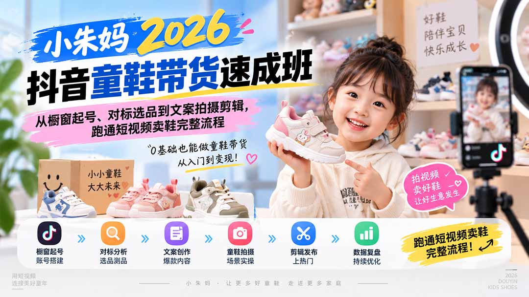 小朱妈2026抖音童鞋带货速成班：从橱窗起号、对标选品到文案拍摄剪辑，跑通短视频卖鞋完整流程 - 轻创社