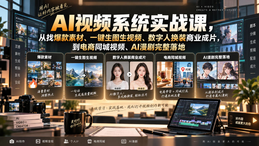 AI视频系统实战课，从找爆款素材、一键生图生视频、数字人换装商业成片，到电商同城视频、AI漫剧完整落地 - 轻创社