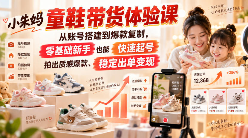 小朱妈童鞋带货体验课，从账号搭建到爆款复制，零基础新手也能快速起号、拍出质感爆款、稳定出单变现 - 轻创社