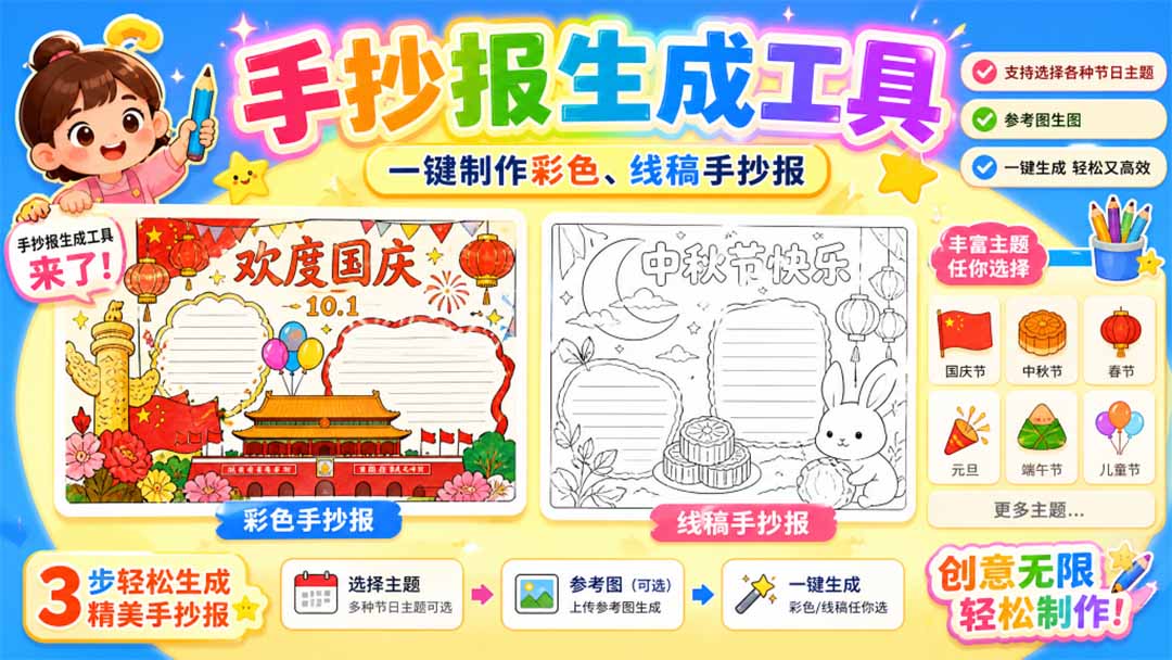 手抄报批量生成工具来了，完全免费，告别豆包生图，这个高清无水印 - 轻创社