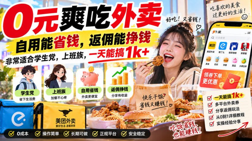 0元爽吃外卖，自用能省钱，返佣能挣钱，非常适合学生党，上班族，一天能搞1k+ - 轻创社