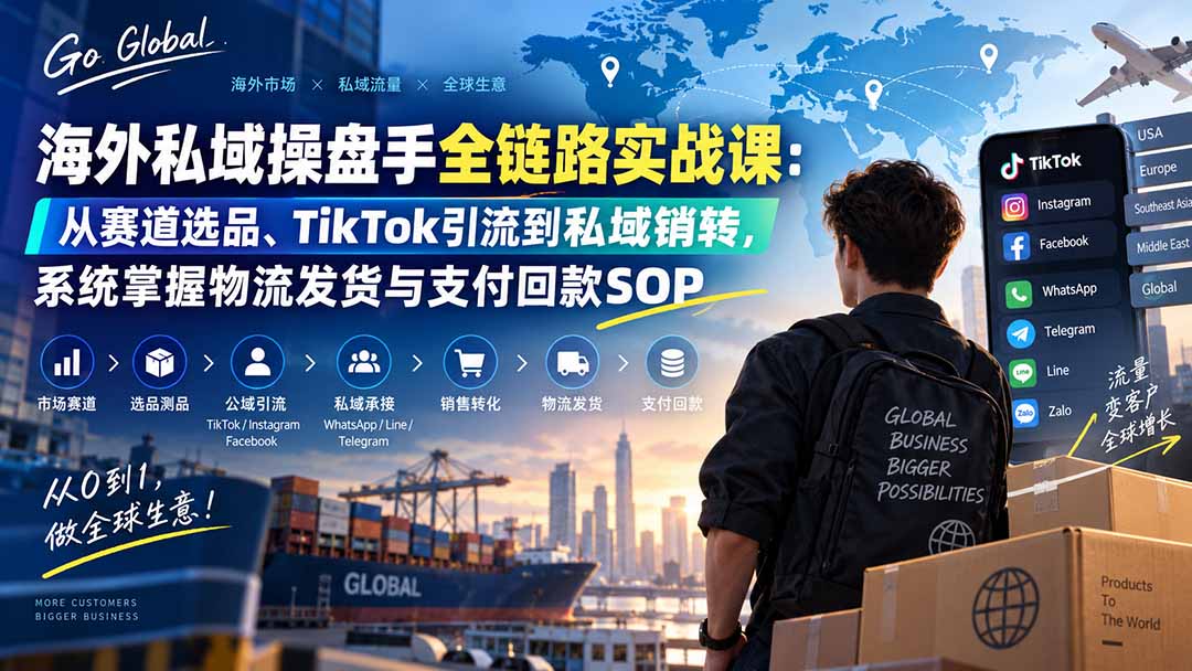 海外私域操盘手全链路实战课：从赛道选品、TikTok引流到私域销转，系统掌握物流发货与支付回款SOP - 轻创社