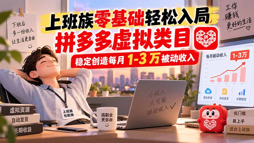 上班族零基础轻松入局，拼多多虚拟类目，稳定创造每月 1-3 万被动收入 - 轻创社
