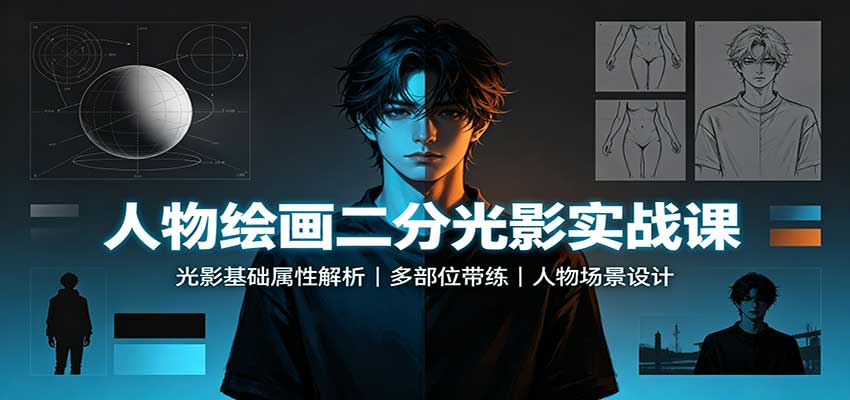 人物绘画二分光影实战课：光影基础属性解析，多部位带练，人物场景设计 - 轻创社