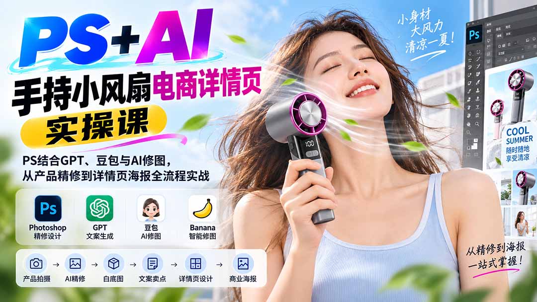PS+AI手持小风扇电商详情页实操课：PS结合GPT、豆包与AI修图，从产品精修到详情页海报全流程实战 - 轻创社