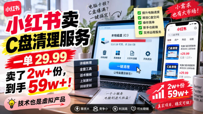 小红书卖C盘清理服务，一单29.99，卖了2w+份，技术也是虚拟产品 - 轻创社