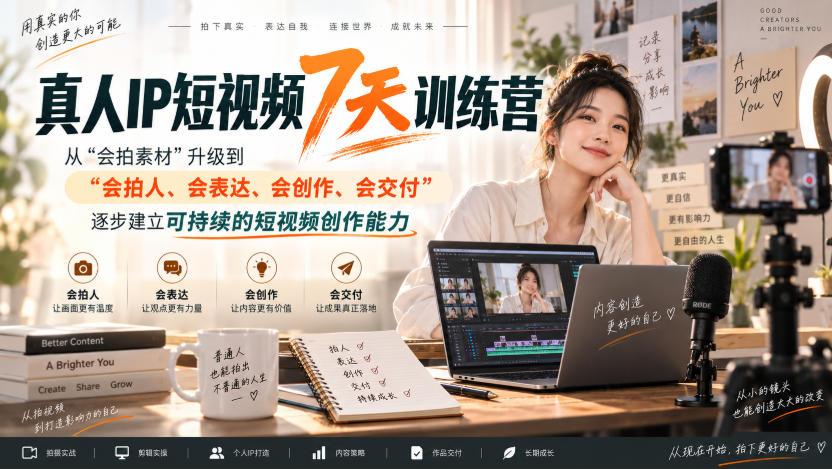 真人IP短视频7天训练营，从“会拍素材”升级到“会拍人、会表达、会创作、会交付”，逐步建立可持续的短视频创作能力 - 轻创社