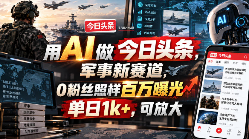 用AI做今日头条，军事新赛道，0粉丝照样百万曝光，单日1k+，可放大 - 轻创社