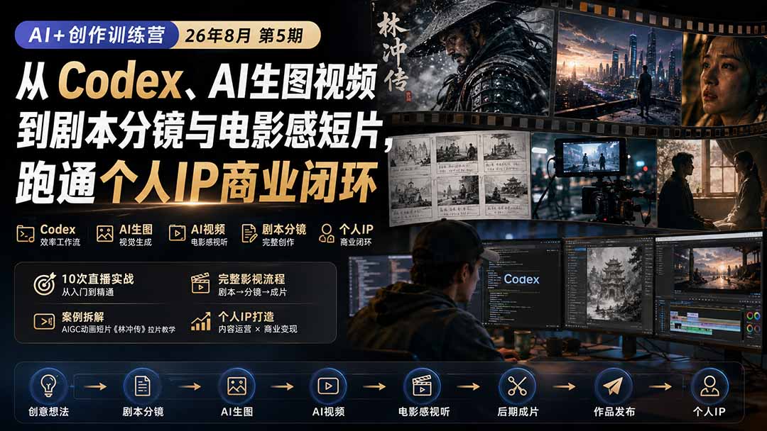 AI+创作训练营26年第5期-更新：从Codex、AI生图视频到剧本分镜与电影感短片，跑通个人IP商业闭环 - 轻创社