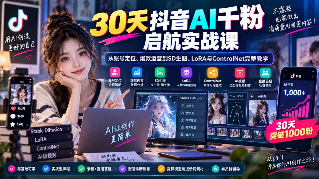 30天抖音AI千粉启航实战课：从账号定位、爆款运营到SD生图、LoRA与ControlNet完整教学 - 轻创社