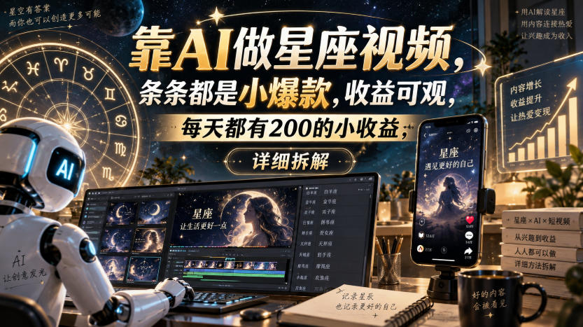 靠AI做星座视频，条条都是小爆款，收益可观，每天都有200的小收益，详细拆解 - 轻创社