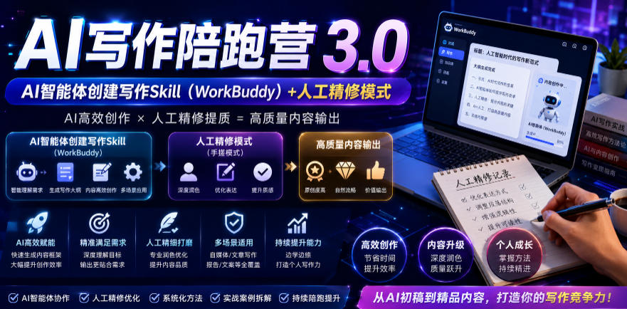 AI写作陪跑营3.0，Ai智能体创建写作skill(workbuddy)+人工手写模式(手搓模式)，去除AI痕迹(头条号、公众号、百家号)(更新0907) - 轻创社