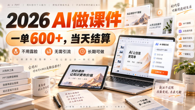 2026 AI做课件，一单600+，当天结算，不用露脸，无需引流，长期可做【揭秘】 - 轻创社