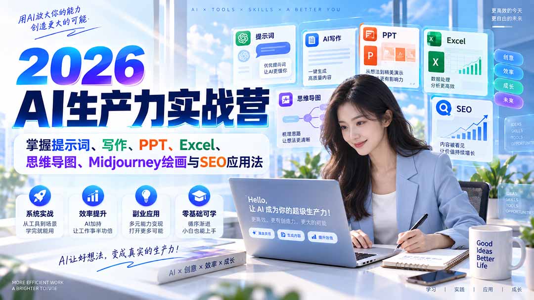 2026AI生产力实战营：掌握提示词、写作、PPT、Excel、思维导图、Midjourney绘画与SEO应用法 - 轻创社