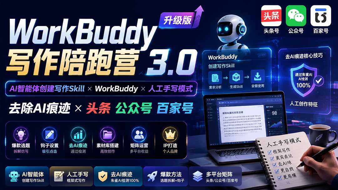 WorkBuddy写作陪跑营3.0-更新：Ai智能体创建写作Skill×WorkBuddy×人工手写模式×去除AI痕迹×头条公众号百家号 - 轻创社