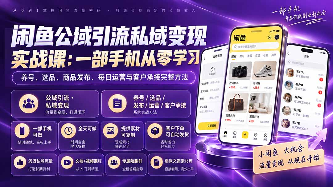 闲鱼公域引流私域变现实战课：一部手机从零学习养号、选品、商品发布、每日运营与客户承接完整方法 - 轻创社