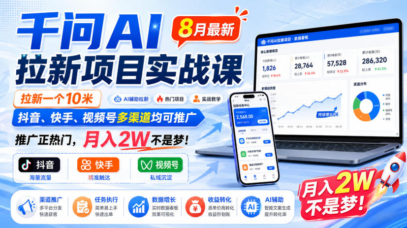千问AI拉新项目实战课8月最新，拉新一个10米，抖音、快手、视频号多渠道均可推广，推广正热门，月入2W不是梦!(更新0908) - 轻创社