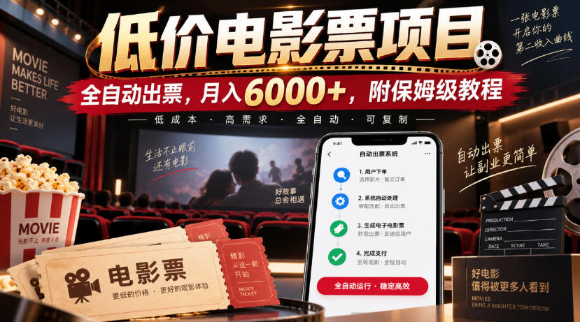 低价电影票项目，全自动出票，月入6000+，附保姆级教程【揭秘】 - 轻创社
