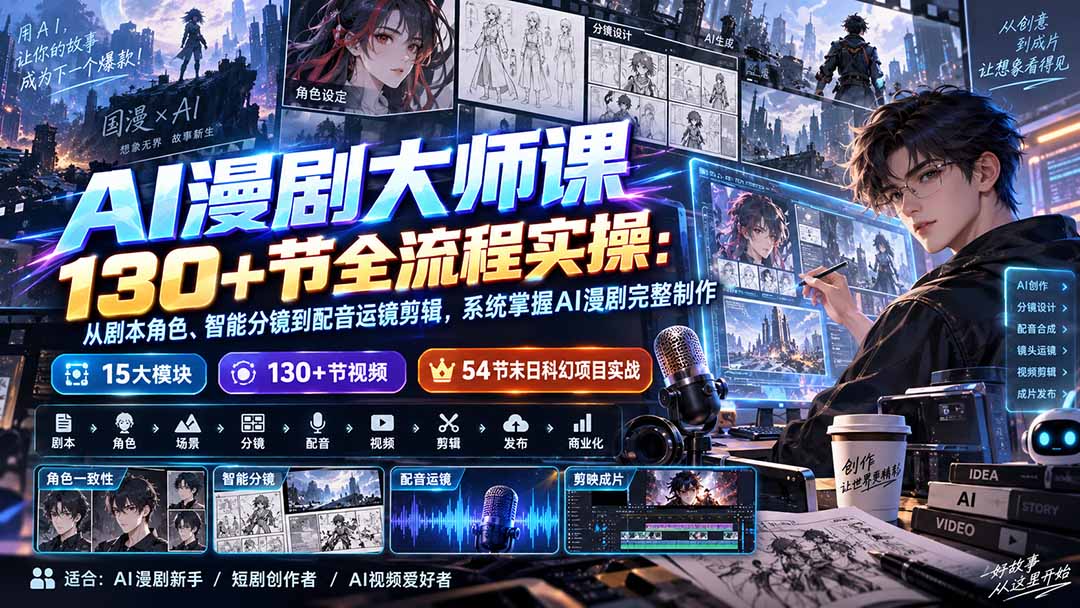 AI漫剧大师课130+节全流程实操：从剧本角色、智能分镜到配音运镜剪辑，系统掌握AI漫剧完整制作 - 轻创社