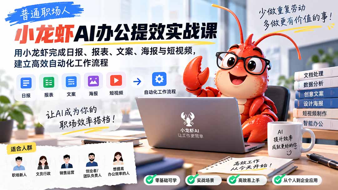 普通职场人AI办公提效实战课：用小龙虾完成日报、报表、文案、海报与短视频，建立高效自动化工作流程 - 轻创社