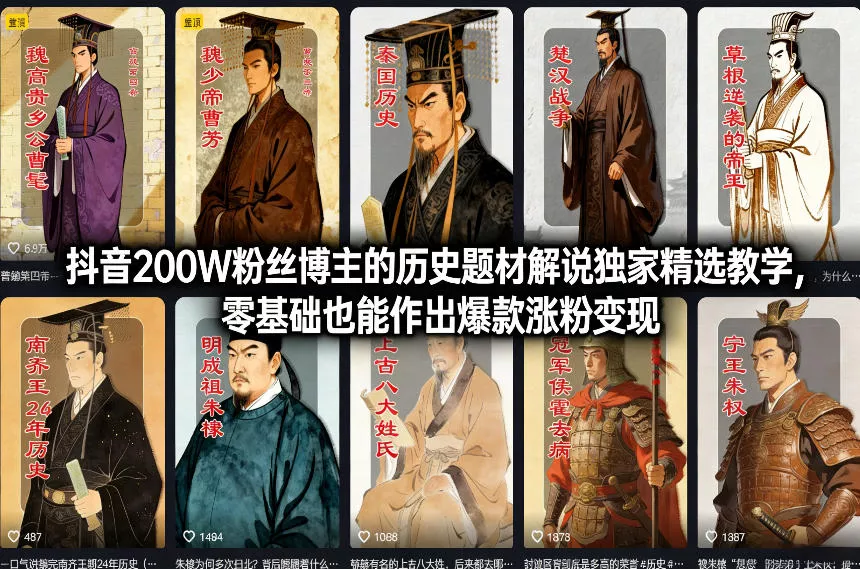 抖音200W粉丝博主的历史题材解说独家精选教学，零基础也能作出爆款涨粉变现 - 轻创社