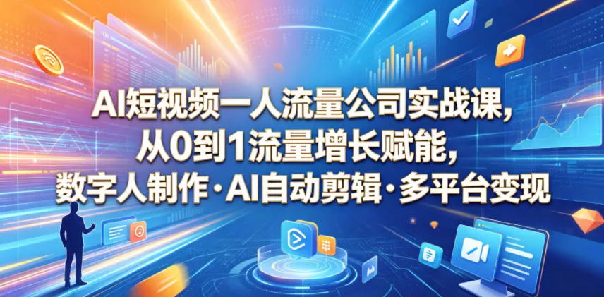 AI短视频一人流量公司实战课,从0到1流量增长赋能,数字人制作・AI自动剪辑・多平台变现,一人做流量生意全落地教程 AI短视频一人流量公司实战课,从0到1流量增长赋能,数字人制作・AI自动剪辑・多平台变现,一人做流量生意全落地教程