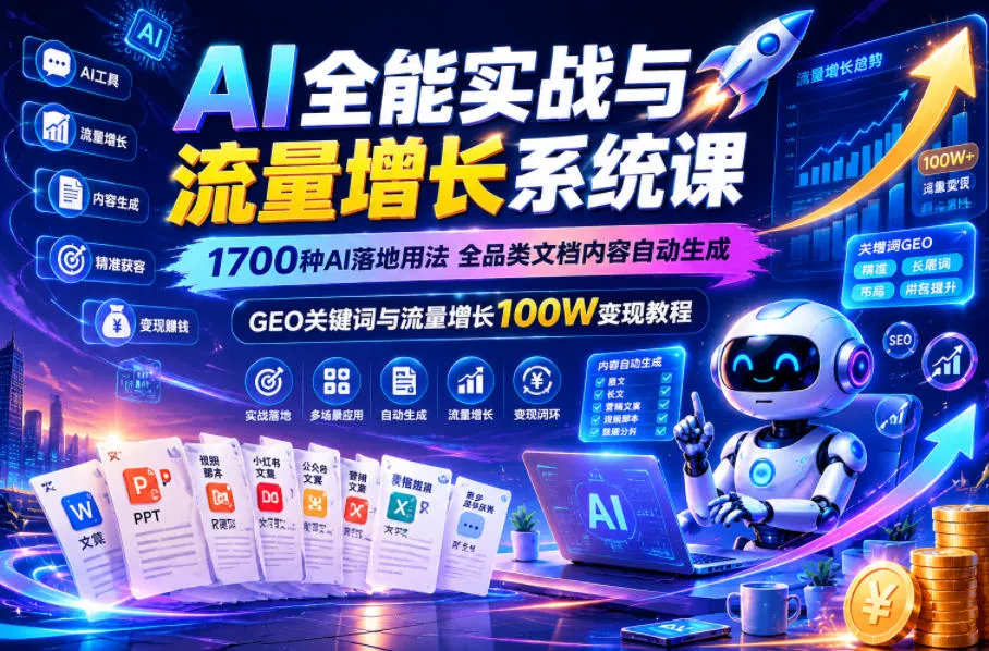 AI全能实战与流量增长系统课，1700种AI落地用法，全品类文档内容自动生成，GEO关键词与流量增长100W变现教程 - 轻创社