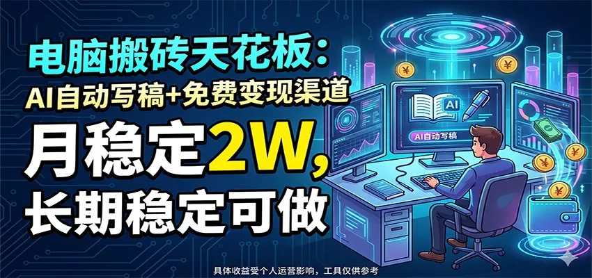 电脑搬砖天花板：AI自动写稿+免费变现渠道，月稳定2W，长期稳定可做 - 轻创社