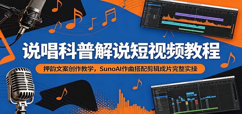 说唱科普解说短视频教程：押韵文案创作教学，SunoAI作曲搭配剪辑成片完整实操 - 轻创社