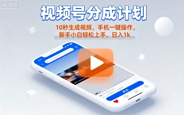 视频号分成计划懒人玩法，10秒生成视频，手机一键操作，新手小白轻松上手，日入1K【揭秘】 - 轻创社