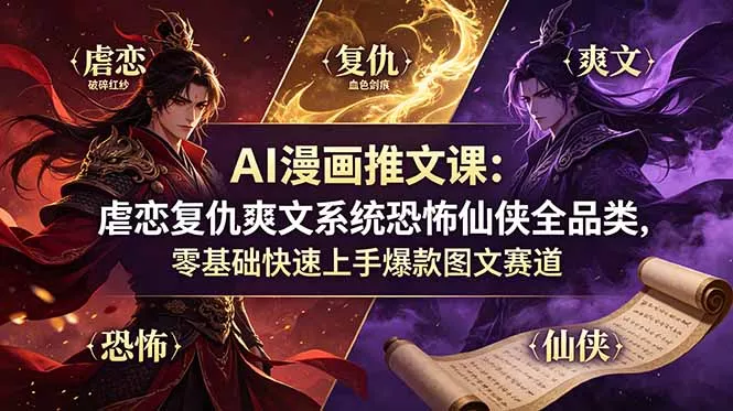 AI漫画推文课：虐恋复仇爽文系统恐怖仙侠全品类，零基础快速上手爆款图文赛道 - 轻创社