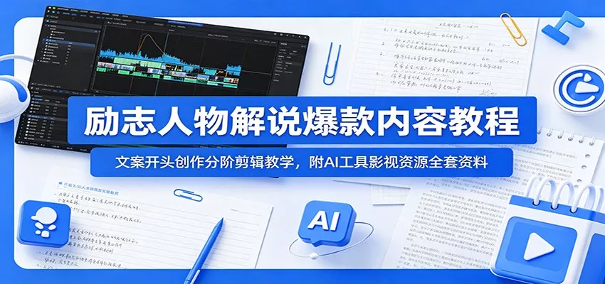 励志人物解说爆款内容教程：文案开头创作分阶剪辑教学，附AI 工具影视资源全套资料 - 轻创社
