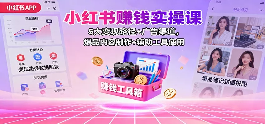 小红书赚钱实操课：5大变现路径+广告渠道，爆品内容制作+辅助工具使用 - 轻创社