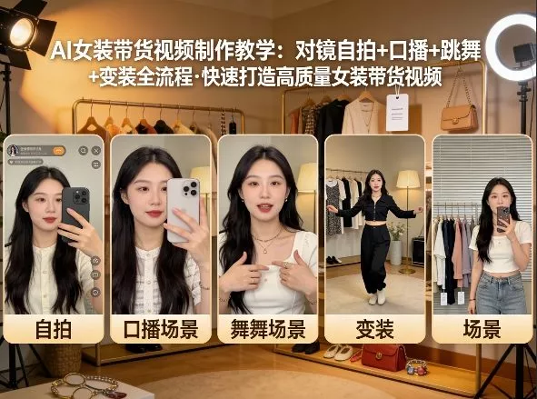 AI女装带货视频制作教学，对镜自拍、口播、跳舞、变装全流程，快速打造高质量女装带货视频 - 轻创社